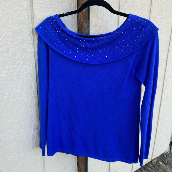 Vila Milano Blue Beaded Off the Shoulder Sweater Size Small - Picture 3 of 5